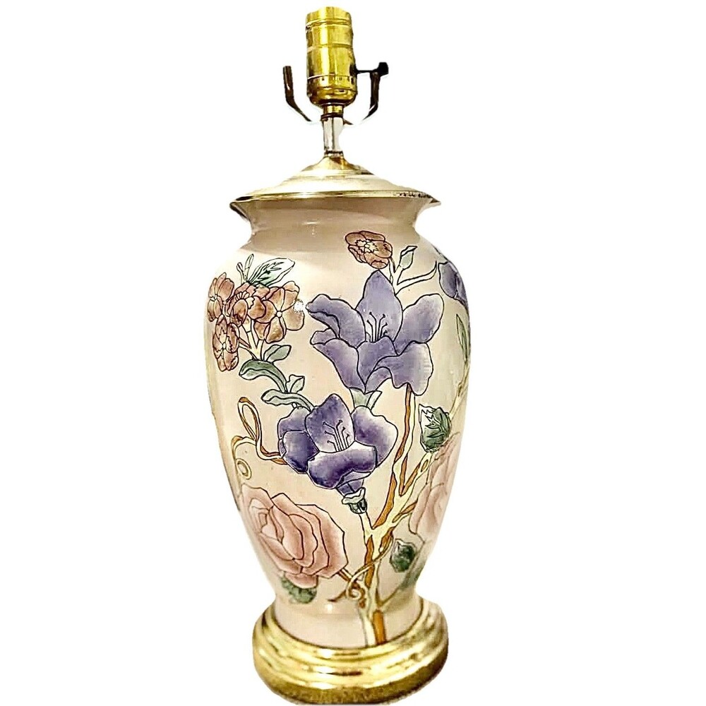 Vintage Floral Porcelain Table Lamp Pink Purple Roses Brass Grandmillenial Chic